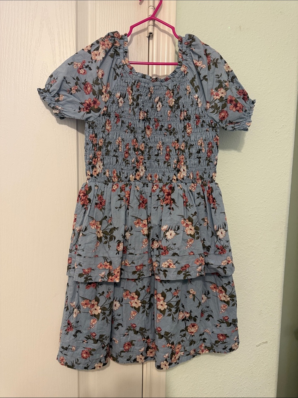 Girls Blue Floral Tiered Smocked Dress